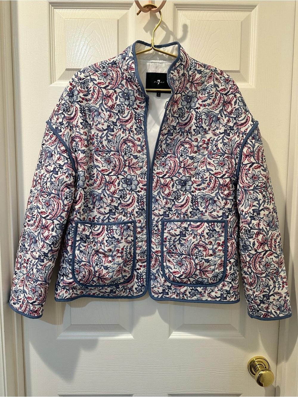 7 For All Mankind Quilted Floral Bomber Jacket in Blue & Pink